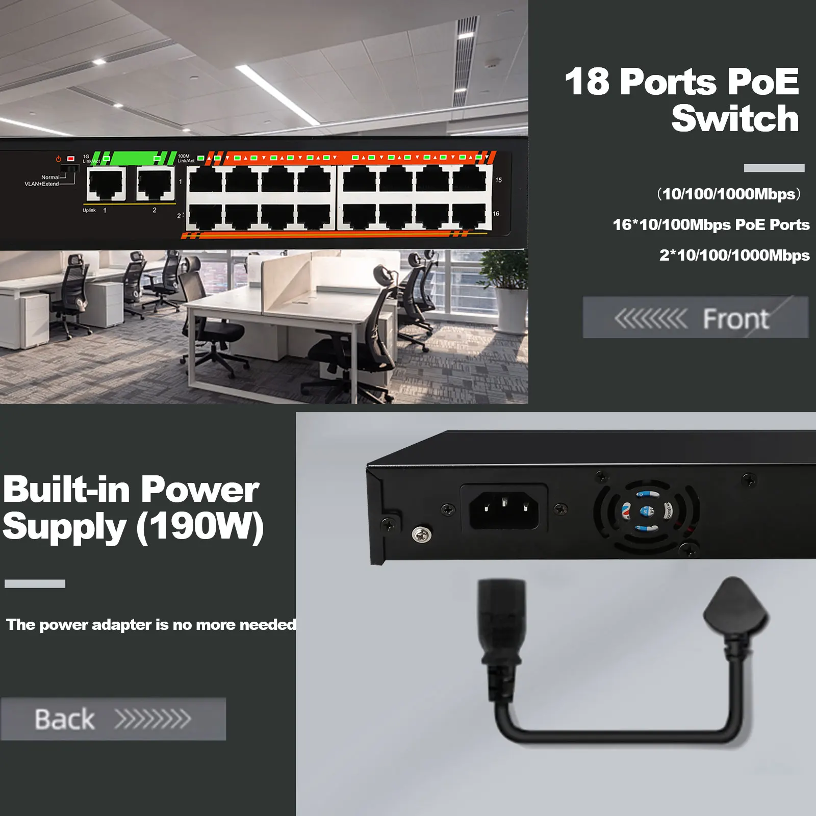 IENdepository-Commutateur Poe 1000 Mbps, réseau Ethernet Gigabit, 16 ports, PoE + 2 ports, alimentation 52V pour caméra IP, routeur WiFi