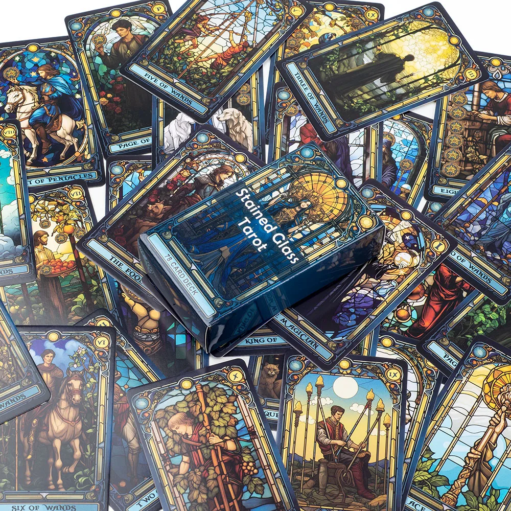 Buntglas-Tarot, ein 78-Karten-Deck, Freizeit, Unterhaltung, Spielkarte, Familientreffen, Wahrsagerei, Brett, Spiele, 10,3 x 6 cm – Detail 10