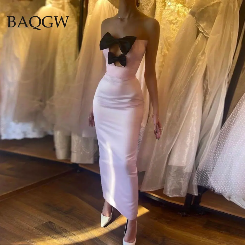 

Sweet Women's Pink Sexy Tight Hollow Strapless Long Bandage Dress Elegant Bowtie Patchwork Maxi Birthday Club Evening Dress