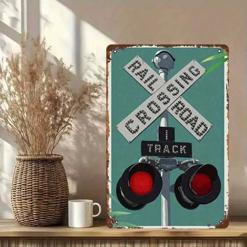 2D Flat, 1pc Vintage Railroad Crossing Sign - 8x12 Inch Metal Wall Art With Red & White Stripes, Green Background, And 