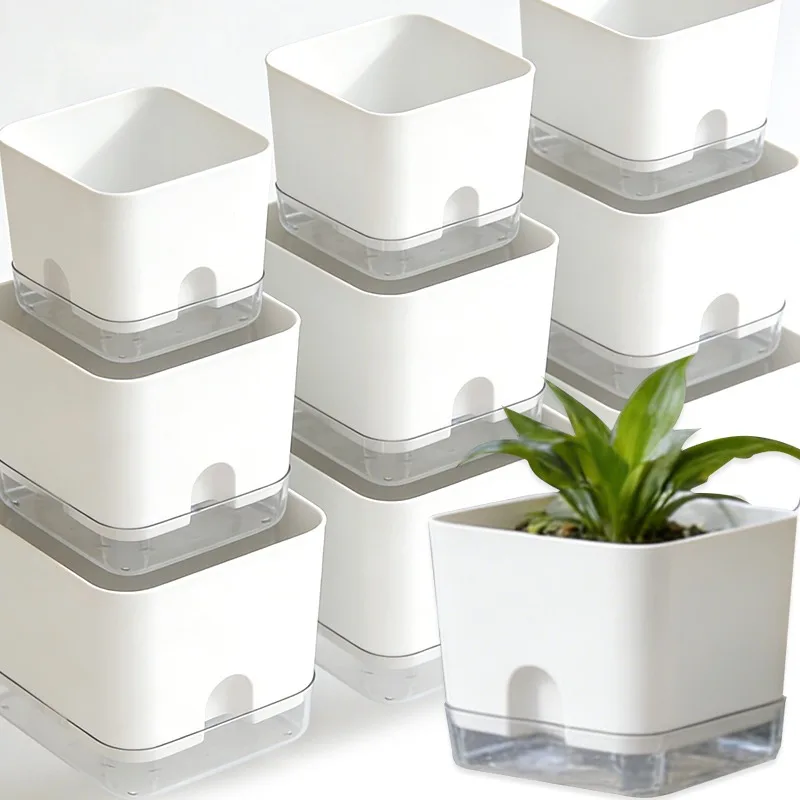 Pot de fleurs auto-arrosant blanc carré à double couche pour plantes d'intérieur et d'extérieur, balcon, jardin, décoration