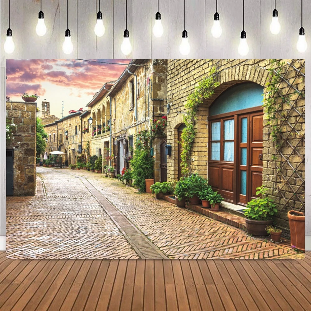 European Style Ancient Street Photo Backdrop Charming Stone Alley Floral Scene Portrait Party Home Decor Photography Background