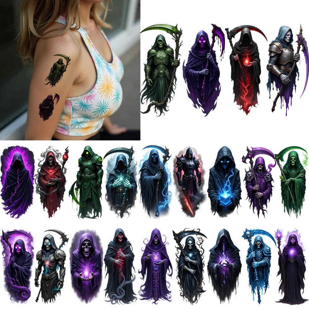 

9pcs Temporary Tattoo Dark Cloak Realistic Temporary Tattoos Scythe Grim Reaper Colorful Realism Warrior Armor For Men Arms