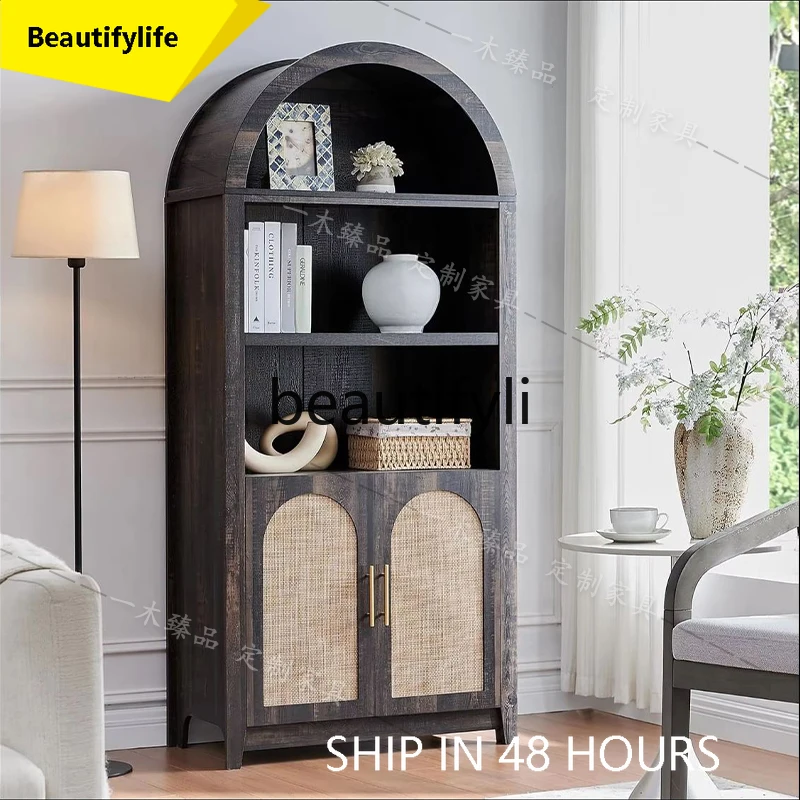 

6239 American Style Light Luxury Solid Wood Bookcase Living Room Rattan Woven Door Storage Cabinet Vintage Arched Storage Cabine