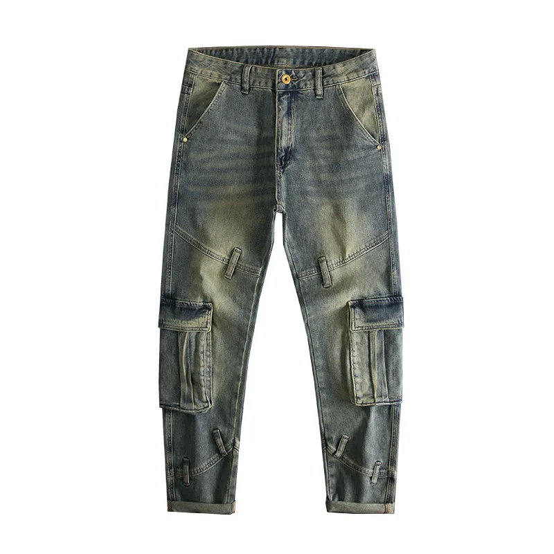 Multi pocket patchwork jeans for men, slim fit, small feet, elastic retro, high-end motorcycle riding trend, heavyweight pants