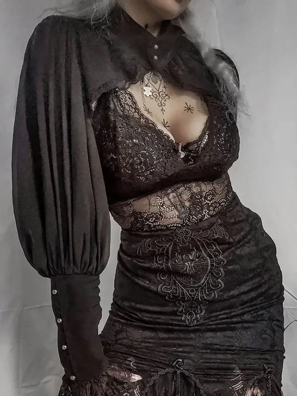 Bla Lace Abigail Gothic Tiller loween Women's Lolita Cardigan oulder awl Coat Ultra ort Length Nylon Long Sve