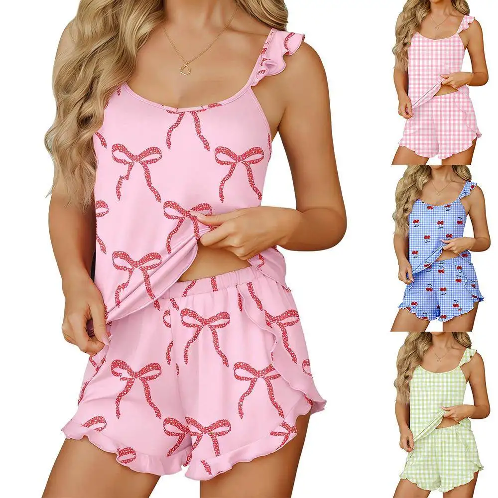

Summer New Knot Print Strap Short Pants Sleepwear Home Clothes Set Women's Fashionable Three-piece Suit Casual Style