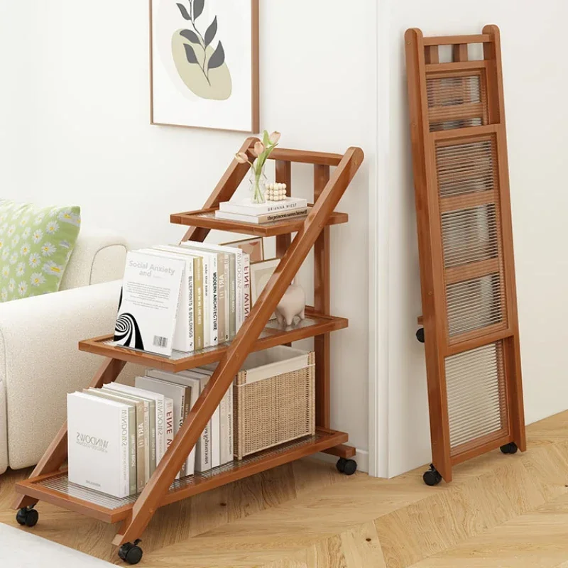 Solid Wood Move Edge Table Multi Functional Trolley Foldable Storage Rack Modern Minimalist Bookshelf Household Snack Organizer