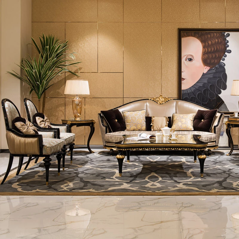 Luxury French Classic European Baroque High Quality Wood Hand Carved Real Leather and fabricwith Contrast Fabric Gold Sofa Set