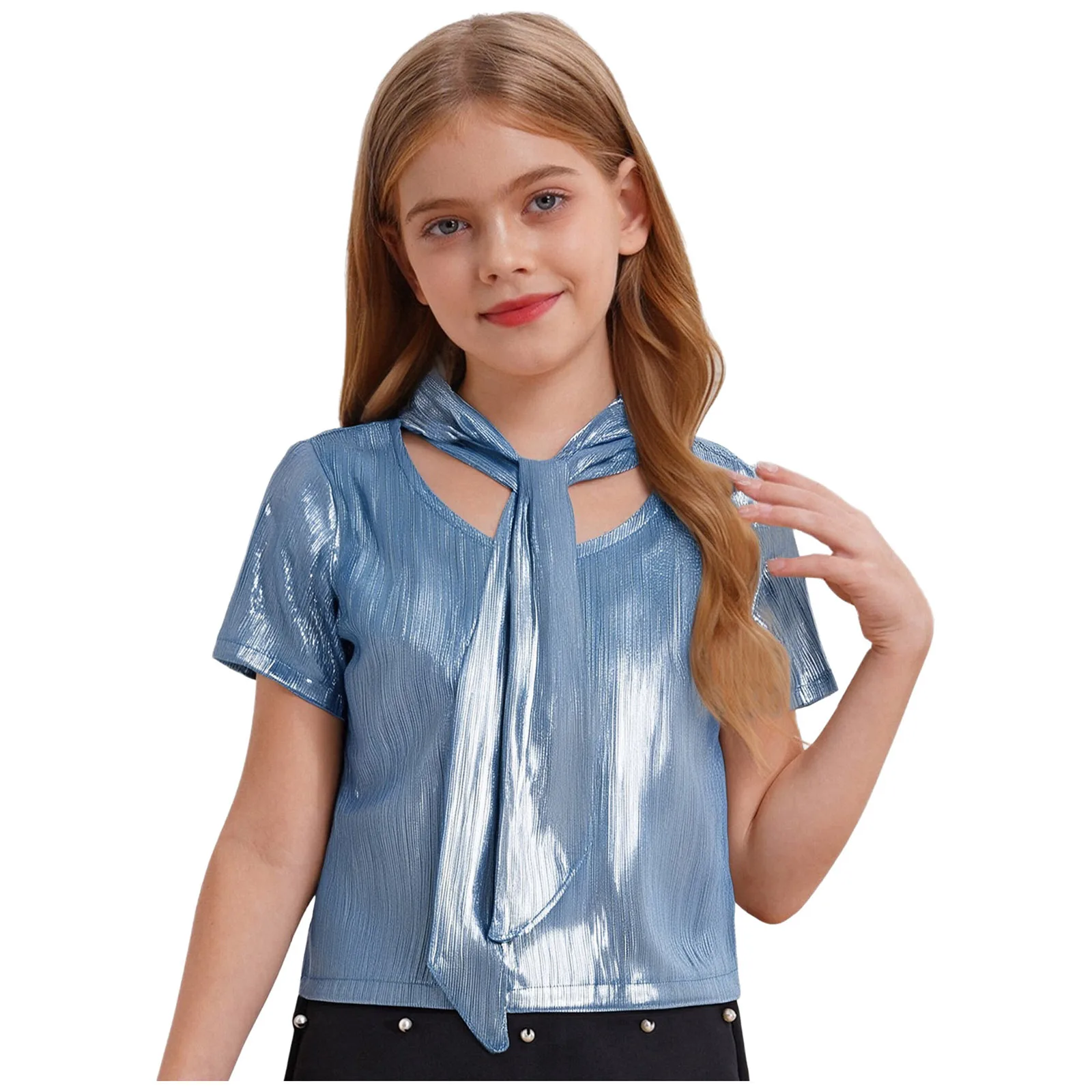

Kids Girls Shirt Hip-Hop Jazz Dance Top Shiny Metallic Ribbed Crop Top Lace-up Round Neck Short Sleeve T-shirt for Performance