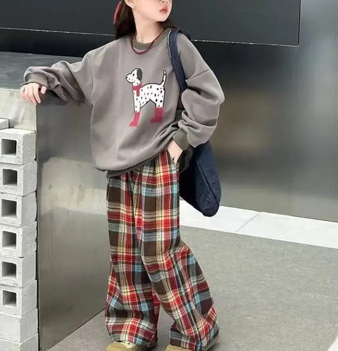 

Spring Teenage Girls Loose Gray Dog Printed Sweatshirt+Plaid Wide-Leg Pant Sets School Kids 2PCS Tracksuit Children Outfit 5-14Y