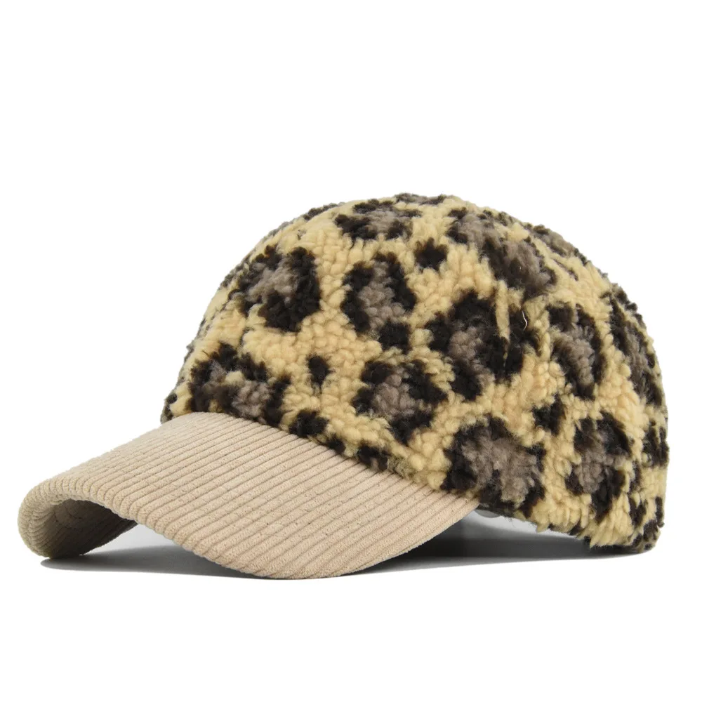 

New Autumn Winter Lamb Wool Baseball Leopard Print Duckbill Cap Warm Couple Curved Brim Solid Color Sun Hat