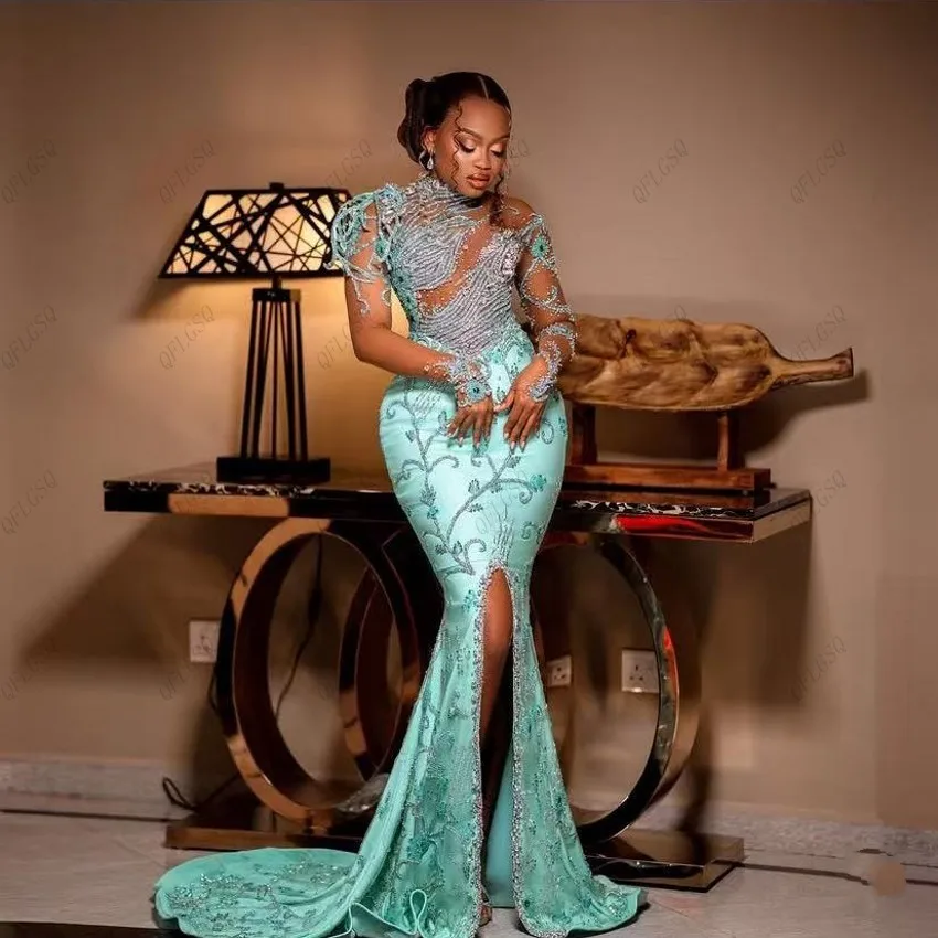 Aso Ebi Vestidos de fiesta con adornos completos Azul aguamarina Vestido de invitados de boda africano de manga larga Cuentas Sirena Vestidos formales Ilusiones