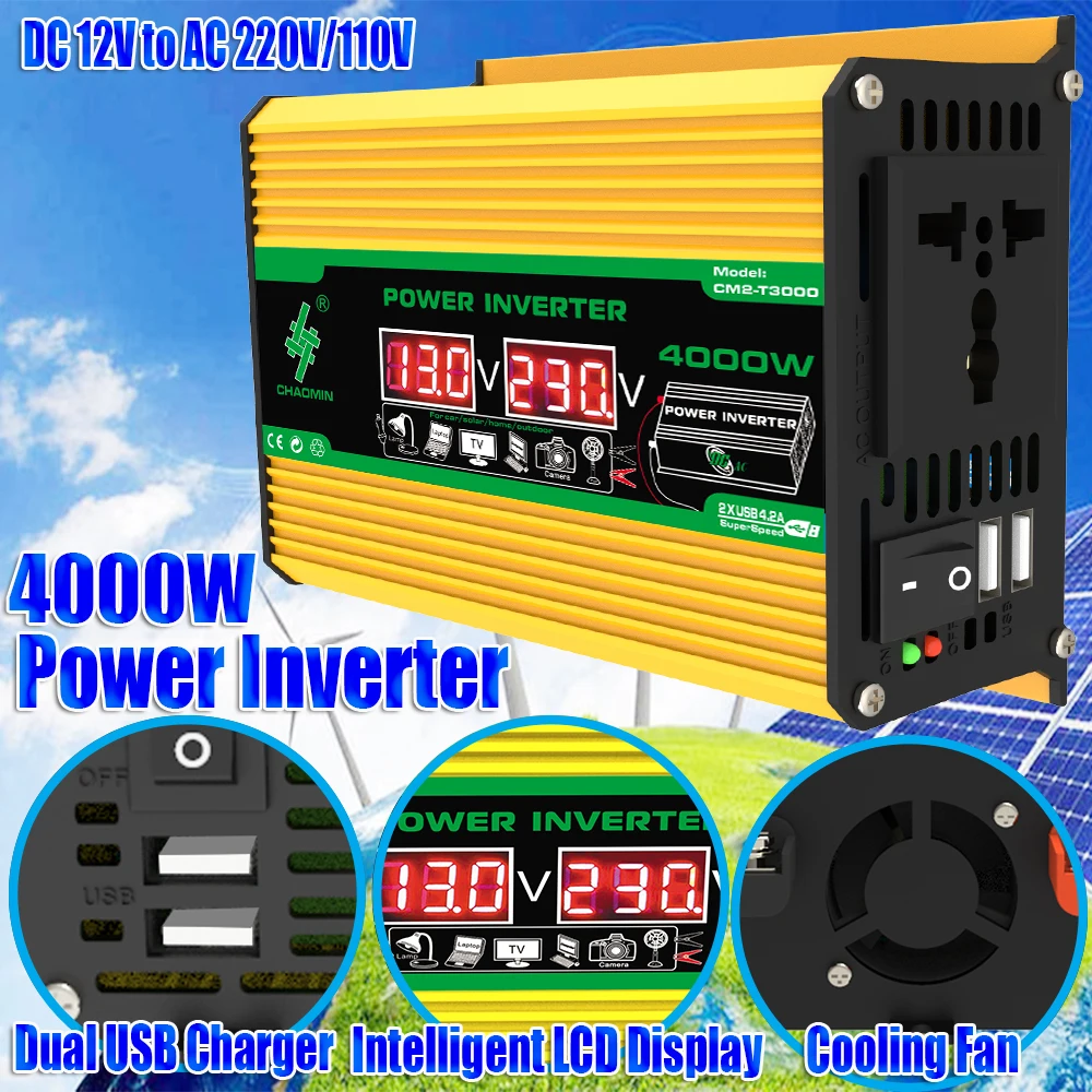 Convertitore solare a onda sinusoidale da 4000 W doppio LCD digitale DC12v a AC 110 V/220 V Convertitore portatile per auto da campeggio RV