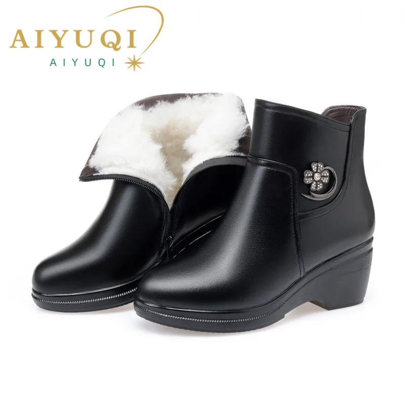 

AIYUQI 2024 Winter Boots Women Genuine Leather Big Size Mother Wedge Boot Black Platform Boots Thick Wool Ankle Boots Women