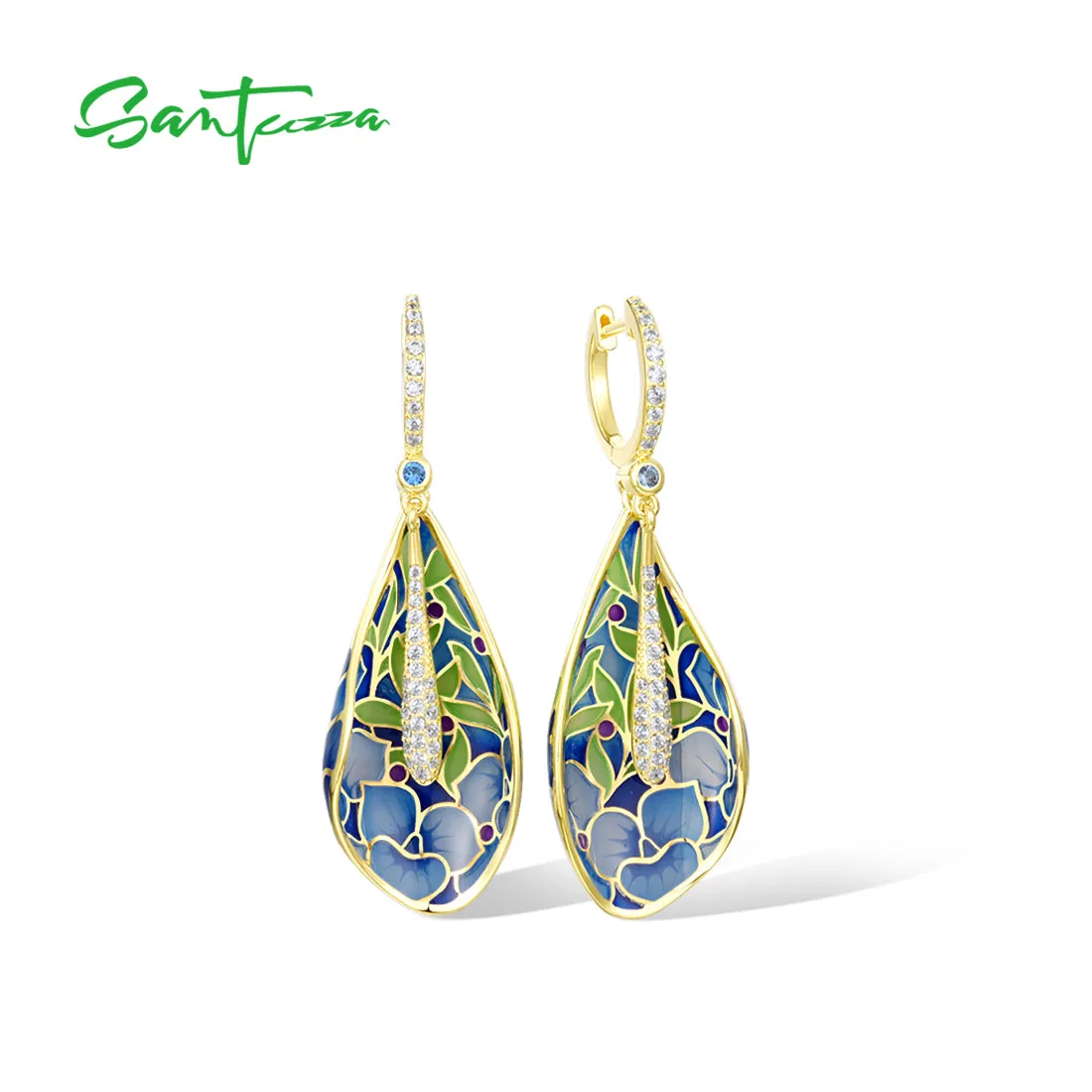 SANTUZZA Pure 925 Sterling Silver Earrings For Women Vintage Blue Enamel Floral Water Drop Dangle Delicate Party Fine Jewelry