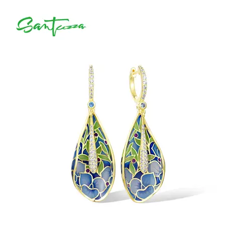 SANTUZZA Pure 925 Sterling Silver Earrings For Women Vintage Blue Enamel Floral Water Drop Dangle Delicate Party Fine Jewelry