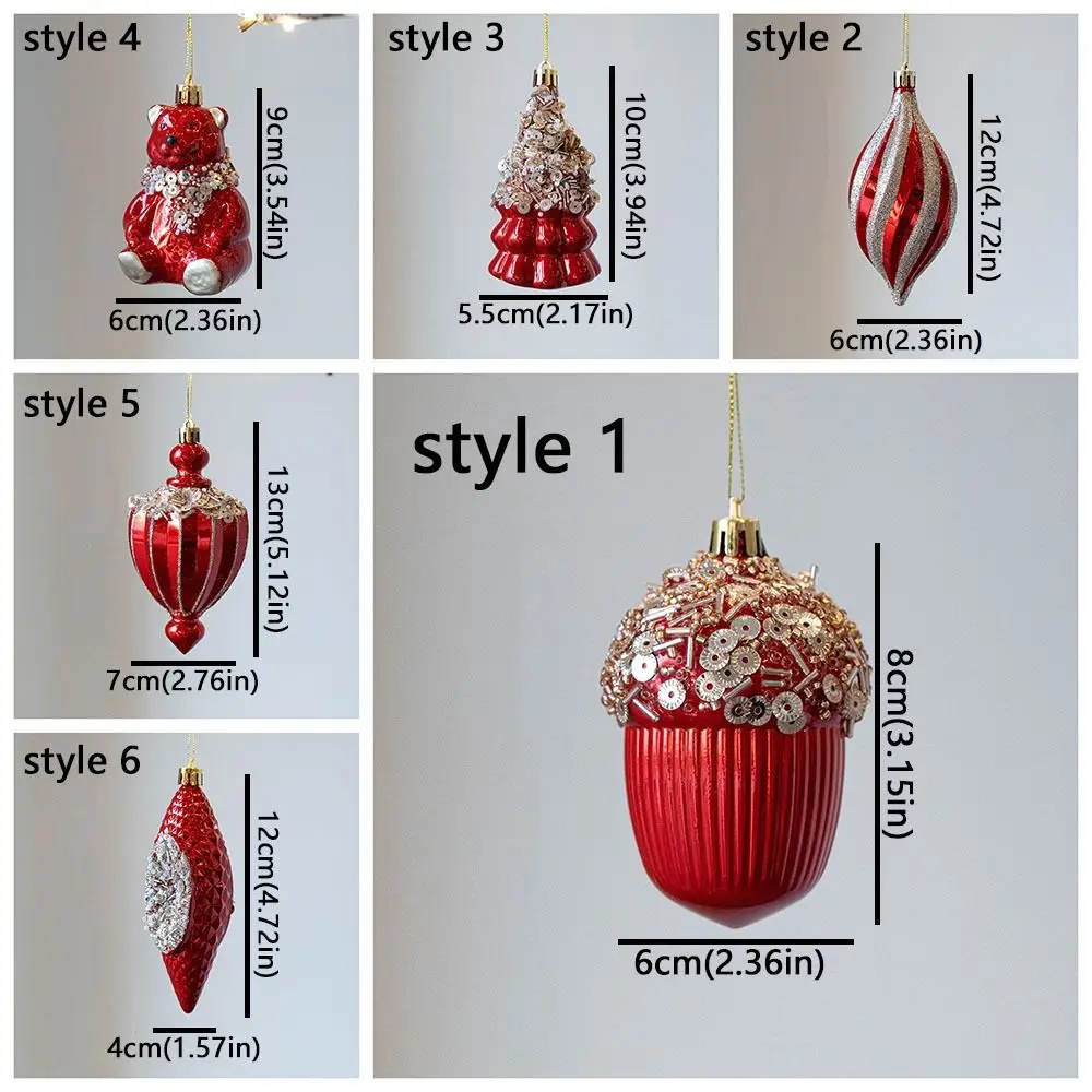 Red Christmas Tree Pendants Shatterproof Plastic Glitter Little Bear Ornaments DIY Crafts Acorn Christmas Hanging Balls