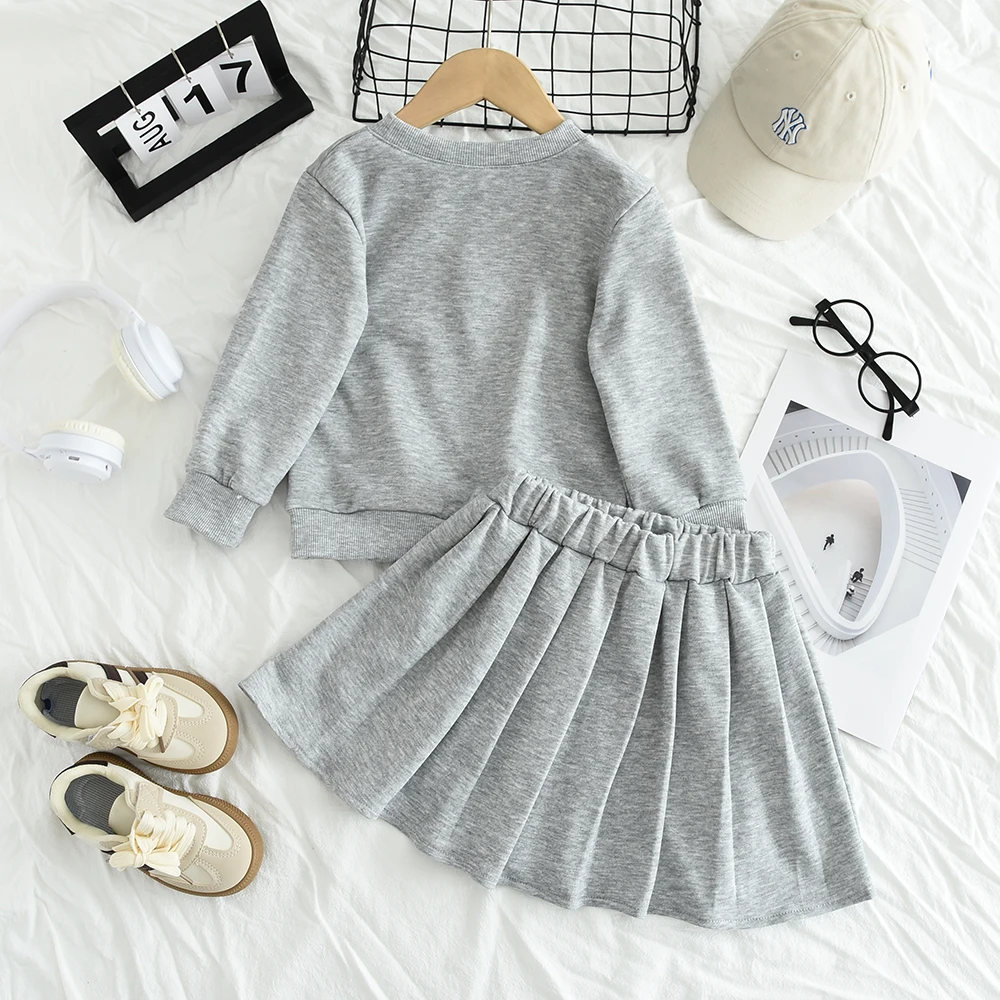 Kids Clothes Girls Grey Long Sleeved Printed Round Neck Top+Short Skirt Set Autumn Fashion and Sports Style Children's Clothing