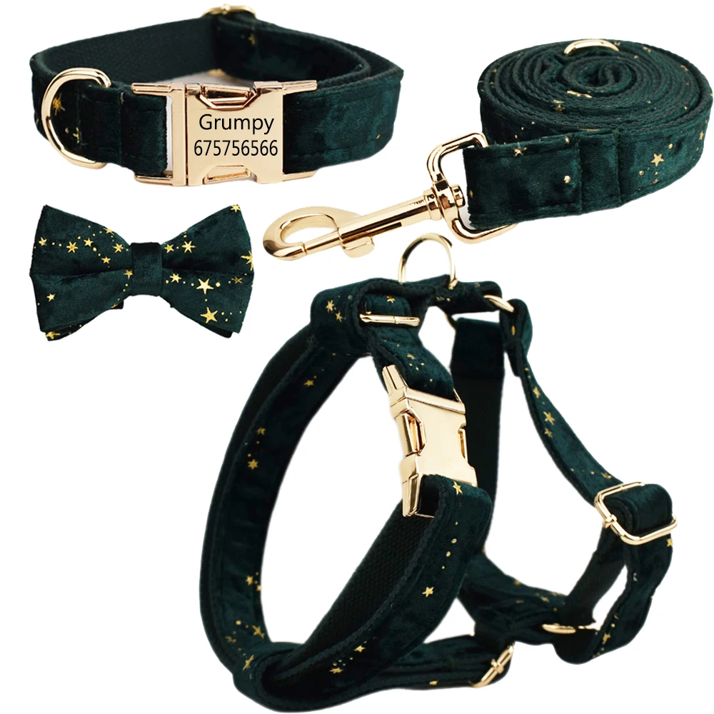 Personalized Dog Collar Name Custom Harness Engraved Velvet Collar for Small Medium Big Dog No Pull Vest Harness Leash Bow Tie