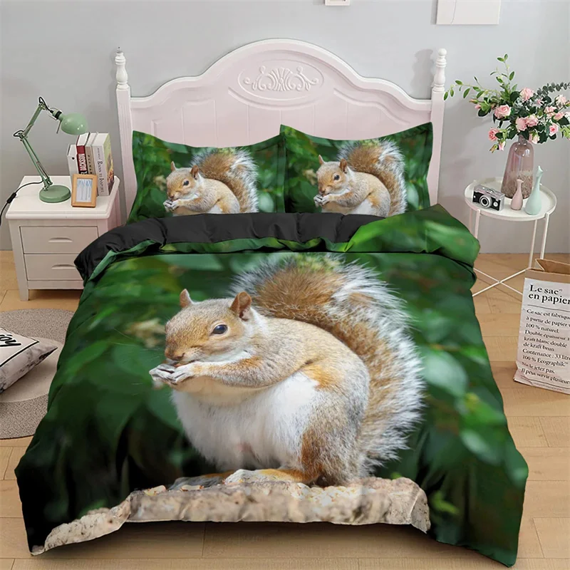 3D Squirrel King Queen Duvet Cover Lovely Animal Bedding Set For Kids Teens Adults Wildlife Green Leaves Soft 2/3pcs Quilt Cover