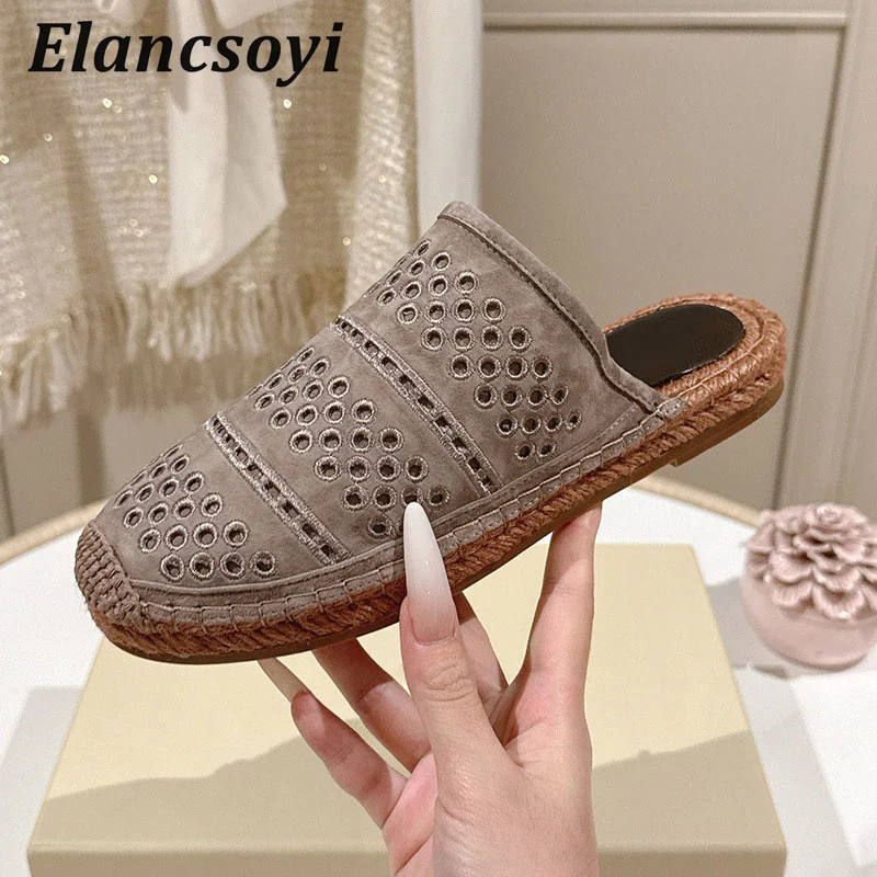 2026 new women's comfortable suede hollow toe half slippers thick soled casual shoes spring and autumn outdoor flat shoes