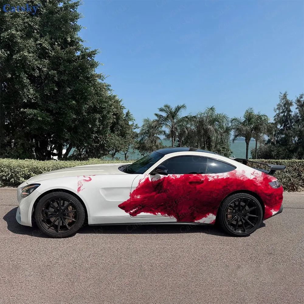 

2pcs Red Flame Phantom Wolf Car Side Wraps, Self-Adhesive PVC Waterproof & Scratch-Resistant Stickers, Car Accessory Gift