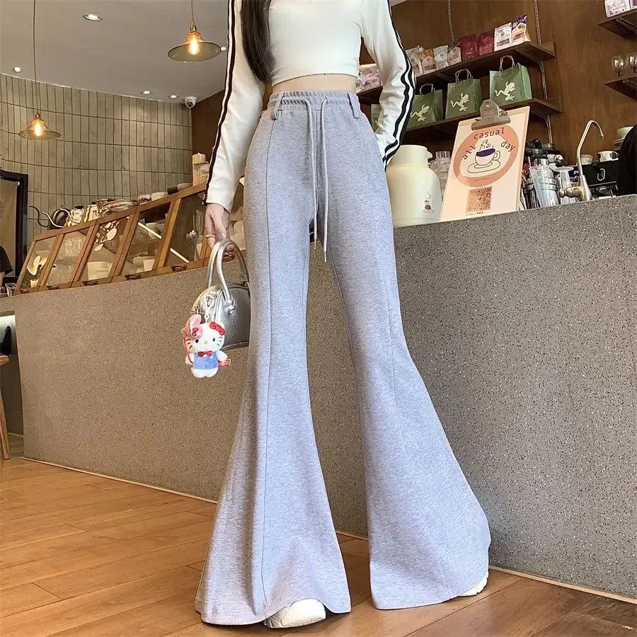 Spring Summer Fashion Flare Ladies All-match Solid Color High Waist Wide Leg Pants Simplicity Lacing Elastic Waist Sweatpants