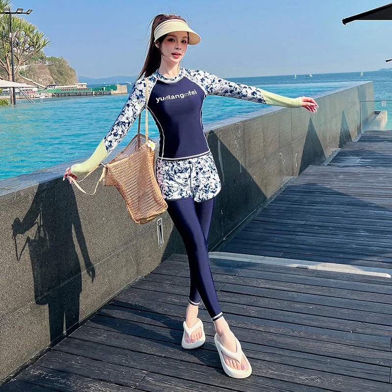 Women's Swimsuit Set Rash Guard 3/4 Piece Pants Modest Wetsuit Top Padded Sports Bra Long Sleeve Bathing Suit Ladies Athletic