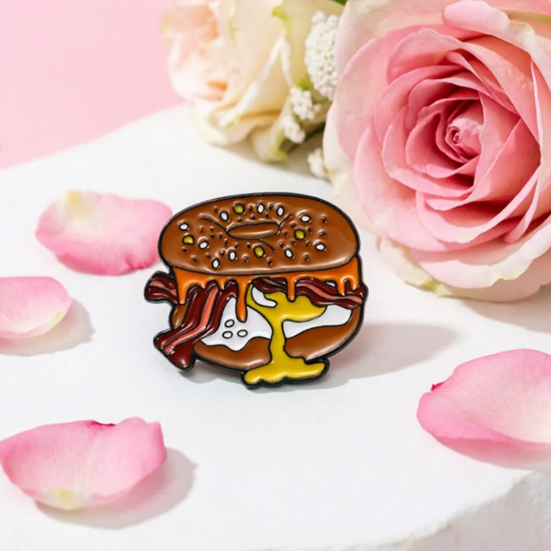 Kawaii Breakfast Bagel Enamel Brooch Bacon Runny Egg Cartoon Food Lapel Pin Metal Badge Clothing Accessory For Girls