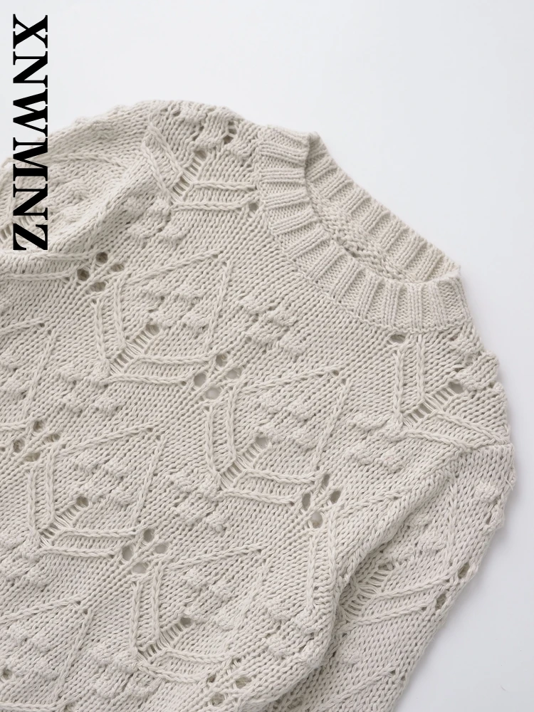 XNWMNZ-Pull évidé en tricot pour femme, haut à col rond, manches longues, vis filetée, décontracté, solide, document, mode féminine, automne, 2024