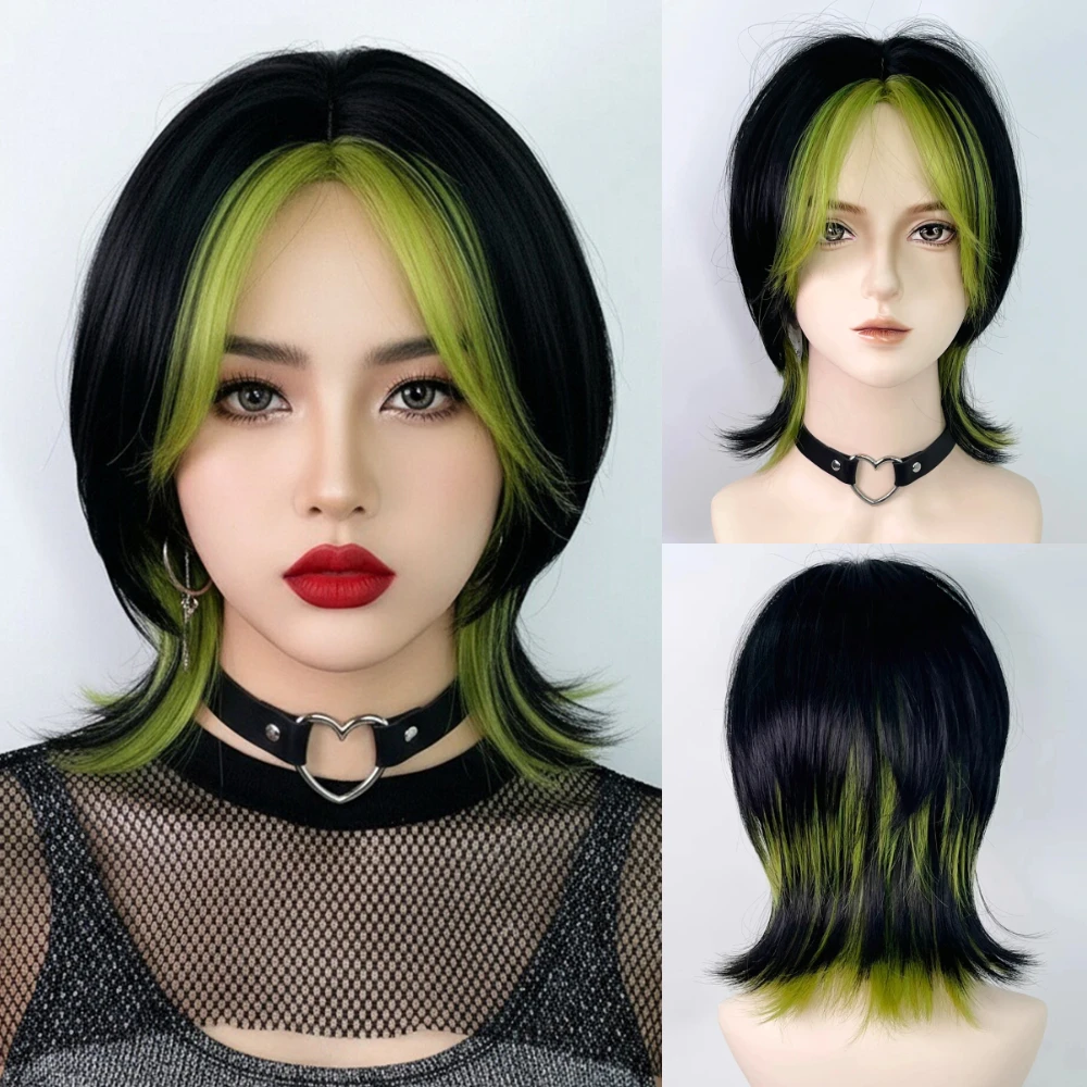 

VICWIG Короткие прямые парики с головой кефали Синтетический черный зеленый парик для косплея Лолиты для повседневной вечеринки