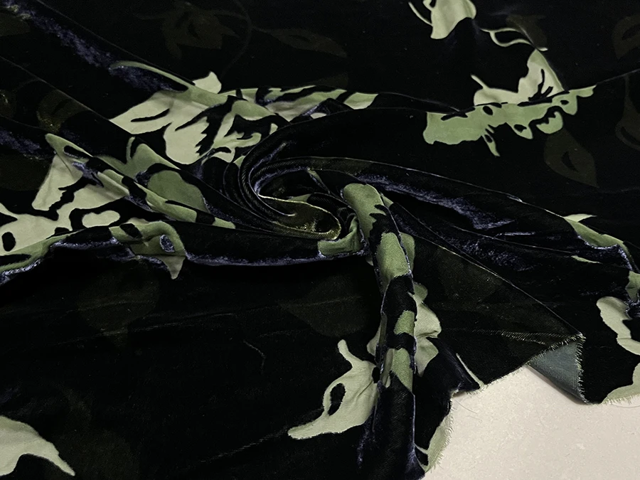 High Quality Real Silk Velvet Clothing Fabric Grass Green Bottom Blue Black Hollow Flowers Designer for Cheongsam Qipao