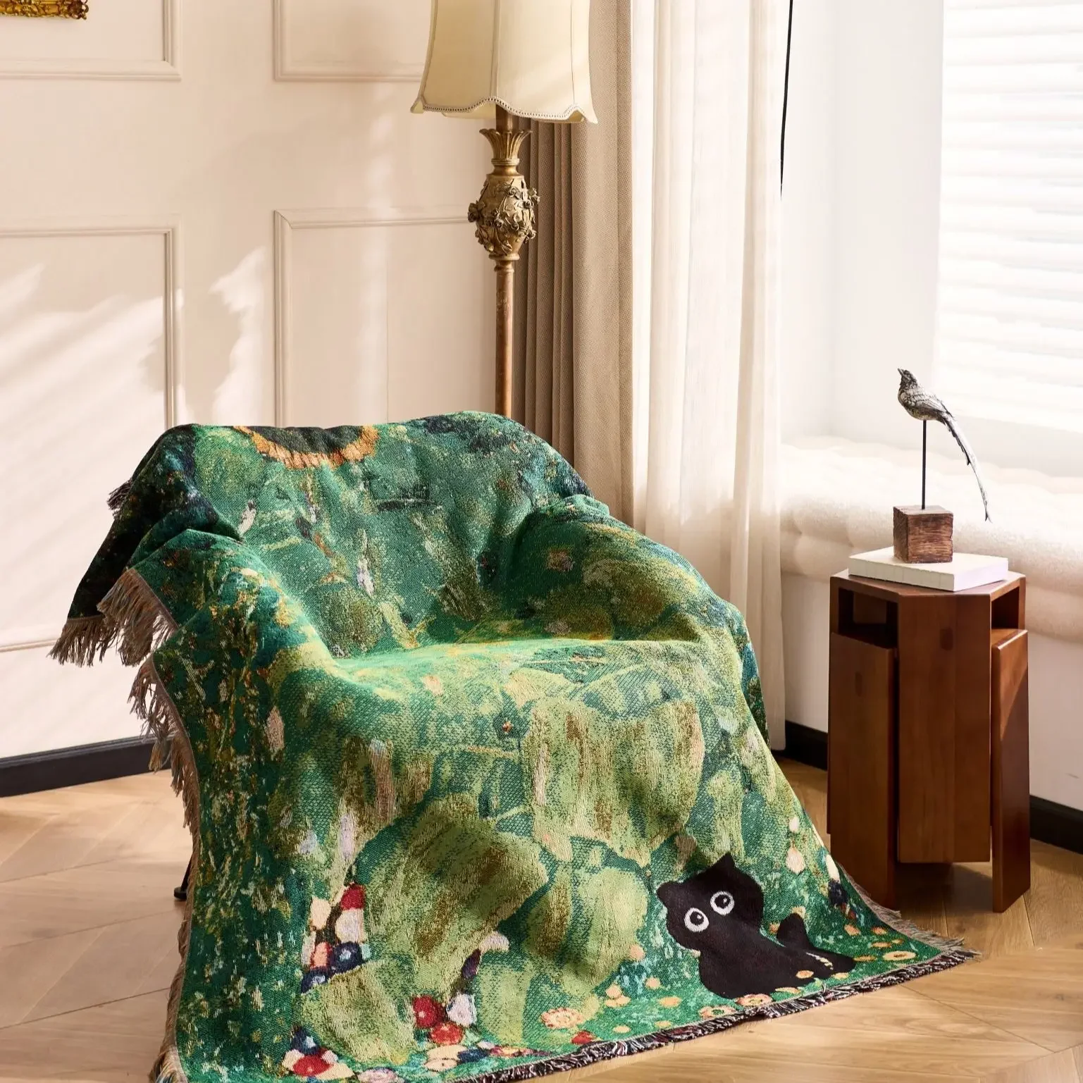 Textile City Ins Thread Blankets Inspired Tapestry with Lush Plant & Adorable Black Cat Jacquard Woven Home Decor Sofa Cover