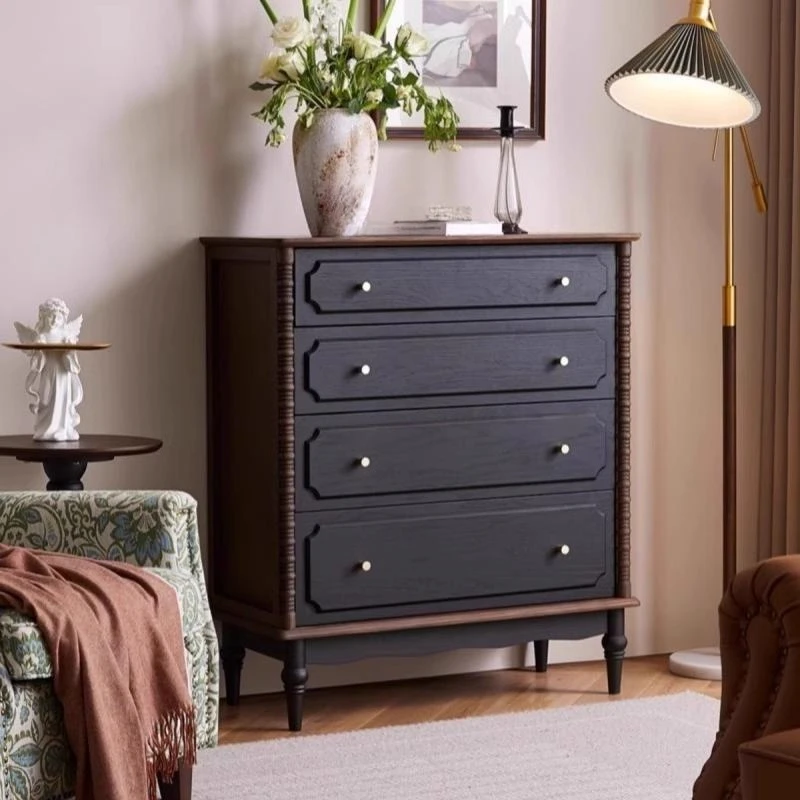 Cassettiera in legno massello in stile retrò francese, armadietto per soggiorno contro il muro, lato pranzo nero in legno di frassino medievale c