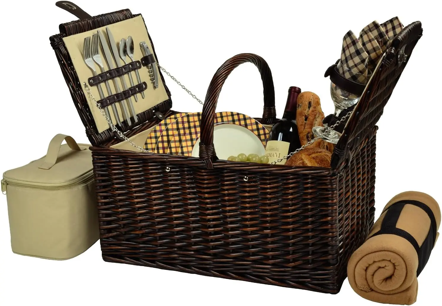 Handcrafted Willow Picnic Basket Set With Service For Four Including Fleece Blanket Wine Glasses Melamine Plates Cutlery For Outdoor Camping Park Outing London Plaid
