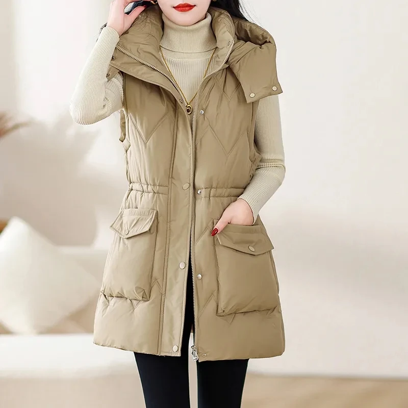 

2024 New Autumn Winter Down Cotton Vest For Women Mid-Long Slim Sleeveless Padded Jacket Korean Casual Hooded Puffer Waistcoat