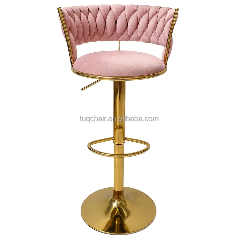 Wholesale Luxury Gold Metallic pink Velvet Round Adjustable Durable Commercial bar Stools for Kitchens