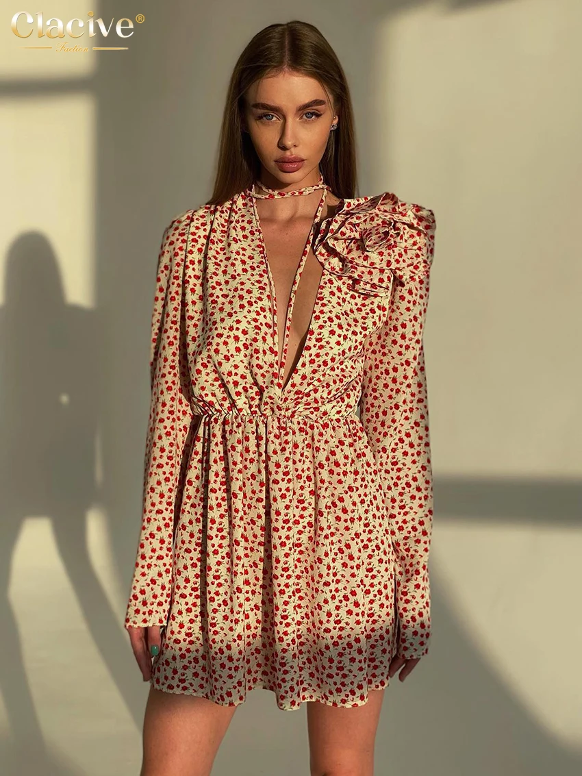 Clacive Fashion Loose Print Women\'S Dress 2024 Sexy Deep V-Neck Long Sleeve Mini Dresses Elegant High Waist Pleated Female Dress