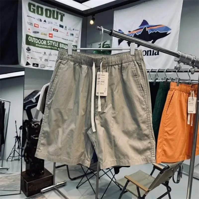 Men Japanese Mountain Retro Cotton Shorts Summer Elastic Waist Solid Color 9 Inch Casual Outdoor Shorts S-4XL