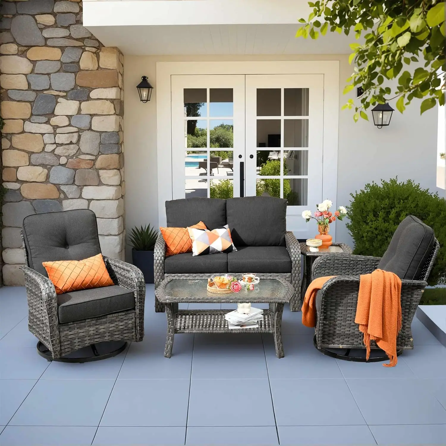 *u-5 Pieces Patio Furniture Set,Outdoor Furniture With Rockers, Rattan Conversation Sets W/Coffee Table, Grey Wicker, Customized