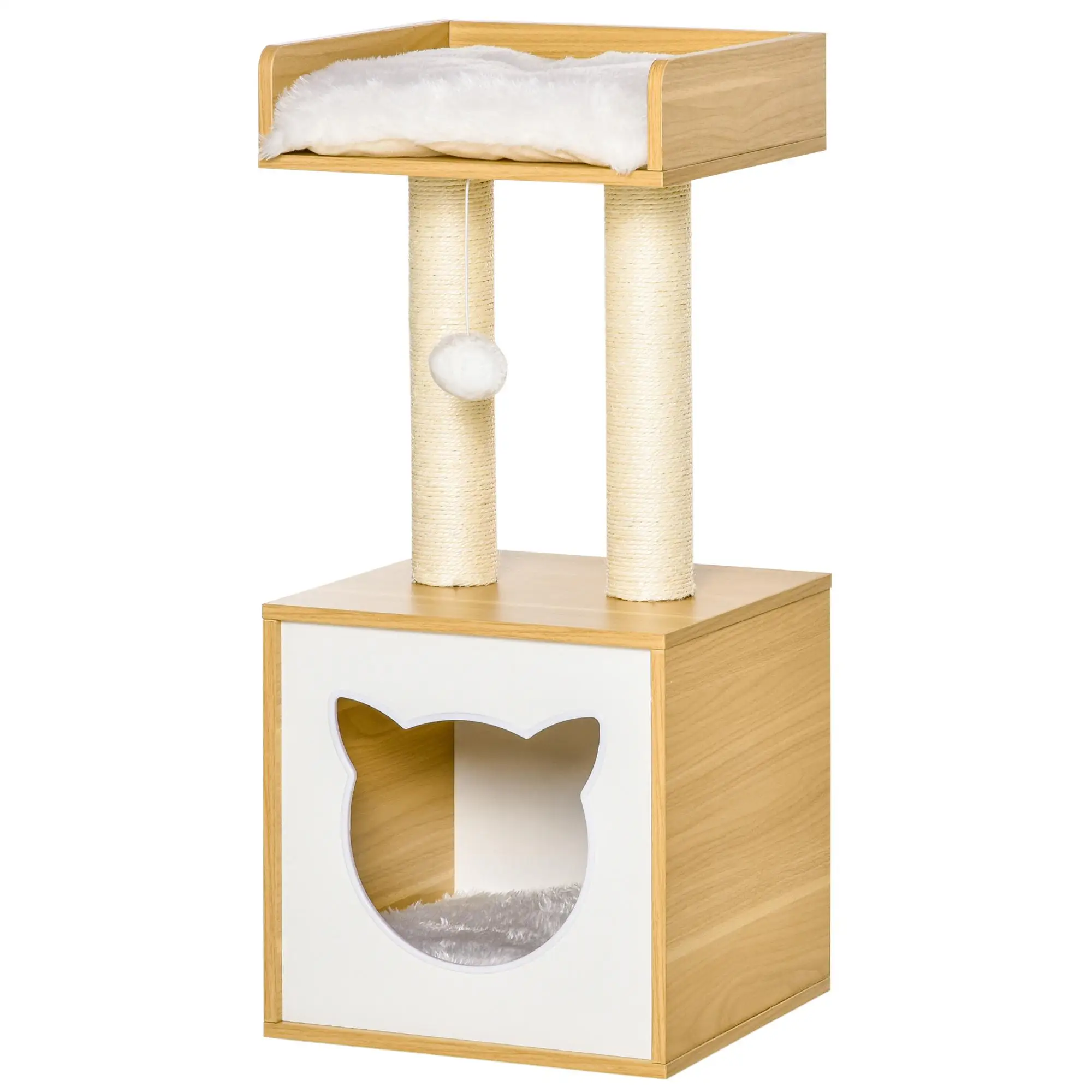 Arbre à chat 81 cm avec 2 niveaux, tapis en sisal, grotte, coussin lavable, jouets 35x35, aspect chêne blanc