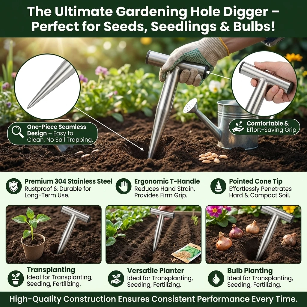 Hand Dibber Stainless Steel T Shaped Hole Digger T-shaped Hand Dibble Easily Cleaning Plant Hole Digger For Sowing Seeds