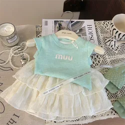 Korean Childrens Clothing 2024 New Summer Girs Flying Sleeve Letter Vest Fashion Pleated Cake Skirt Pants Two-piece Set