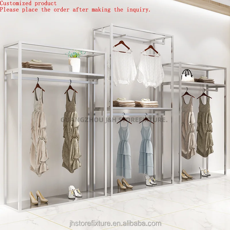 

Boutique lady cloth store silver display stand custom design color garment rack display shelves for clothes