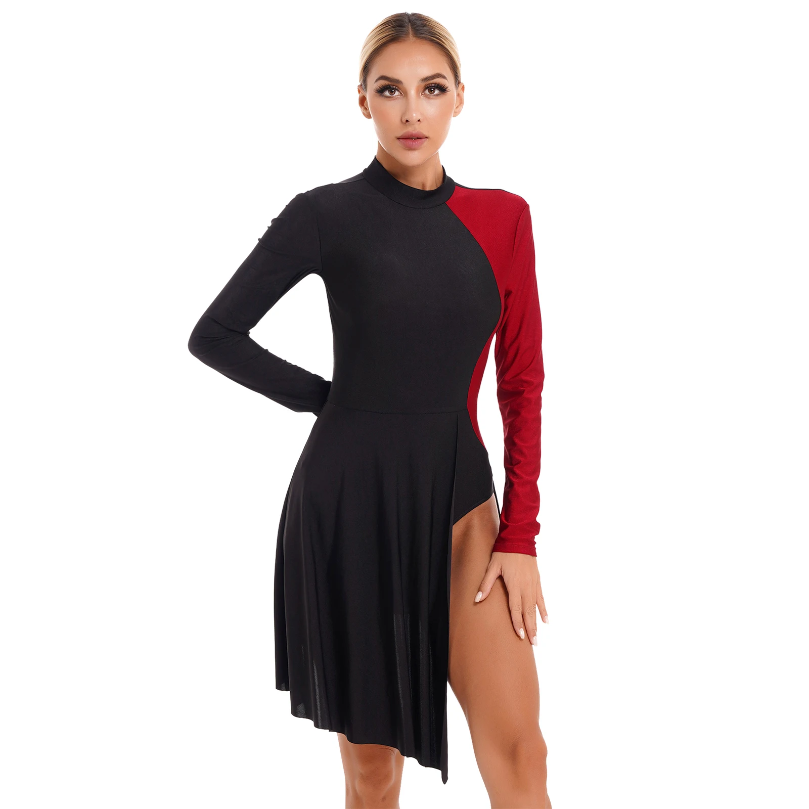 Womens Contemporary Lyrical Dance Dress Long Sleeve Color Block Figure Skating Leotard Dresses Modern Dancewear for Performance