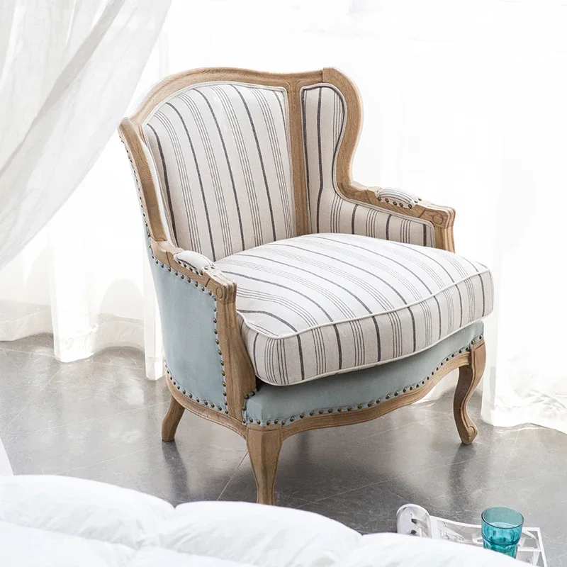 American Country French Solid Oak Living Room Single-Seat Sofa Chair Cotton and Linen Stripes Soft Bag