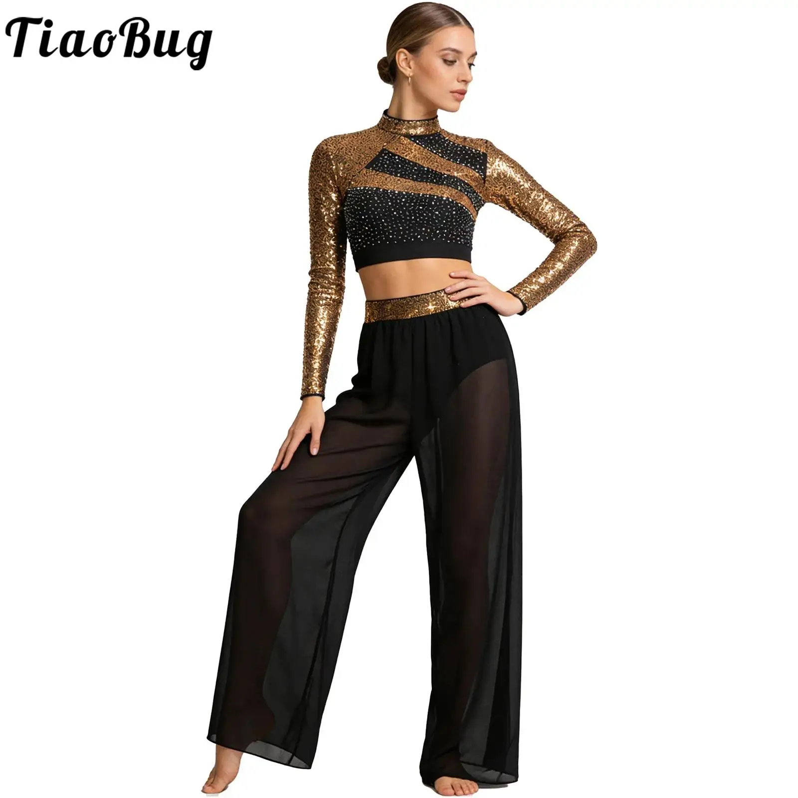 Feminino conjunto de dança lírica ballet jazz dança latina traje manga longa lantejoulas colheita superior com malha pura fenda lateral calças de dança outfit