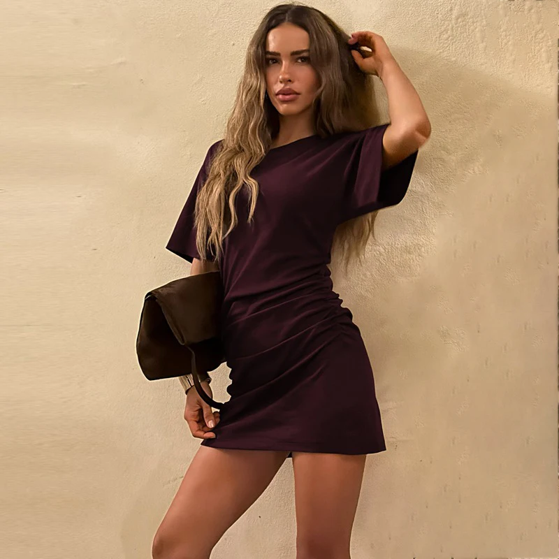 

Typhaland Fashion Pleated Short Sleeve Dress For Women Hgh Waist Casual Solid Mini Dress 2026 Summer New Party Clothes Female
