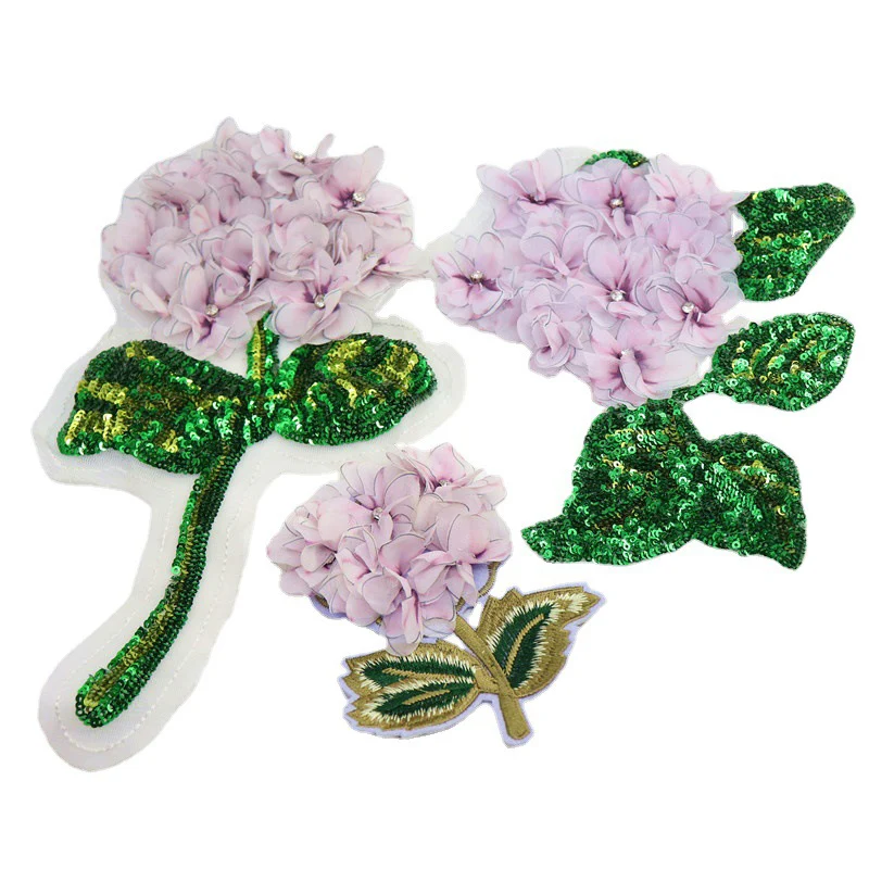 Big Size Shining Beaded Sequins Light Purple Flower Patch Green Leaf DIY Dress Clothes Accessories